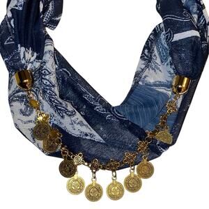 Womens Metal Coin Neck Scarf Gypsy Blue Floral Paisley Cosplay Pirate Esmerelda